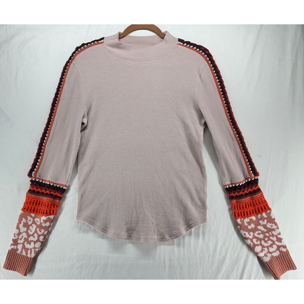 Free People Switch It Up Thermal Mixed Media Crochet Sleeve Top Mauve Pink Large